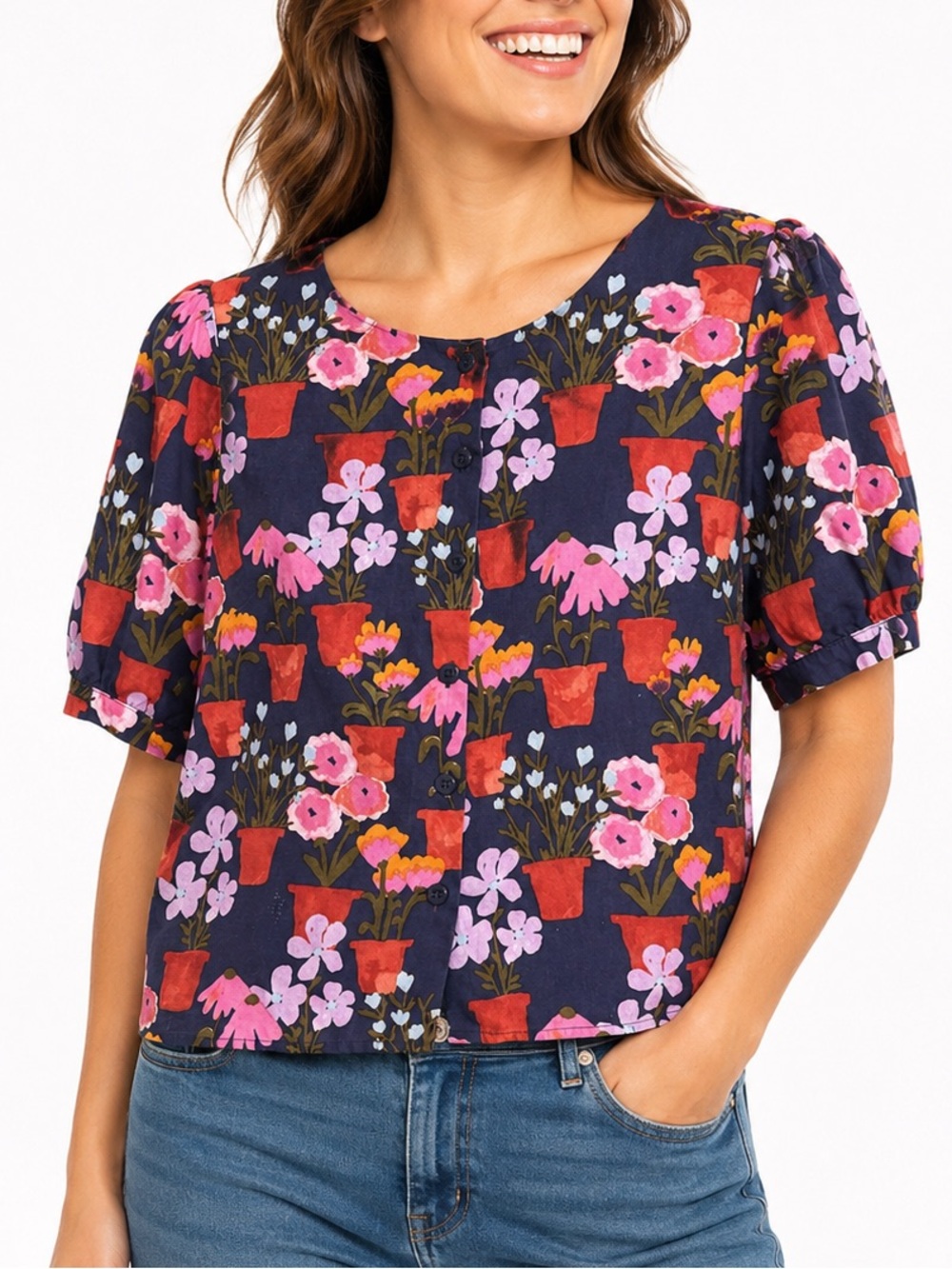 Princess Highway Navy Floral Pot Print Linen Cotton Blend Blouse Size 10